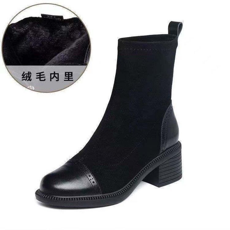 Spring and Autumn Short Elastic Cloth Boots Women's Skinny Low Heel Thin Socks Boots Thick Heel Small Short Boots Martin Boots Women's Boots