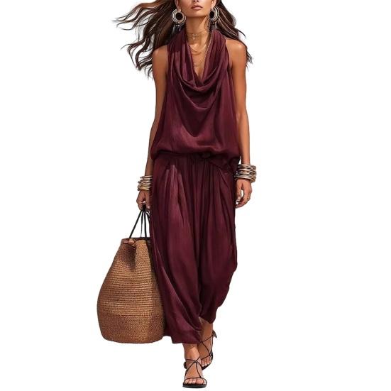 

Женские летние комплекты из двух предметов: топ с драпировкой без рукавов и укороченные брюки XXL вино красного