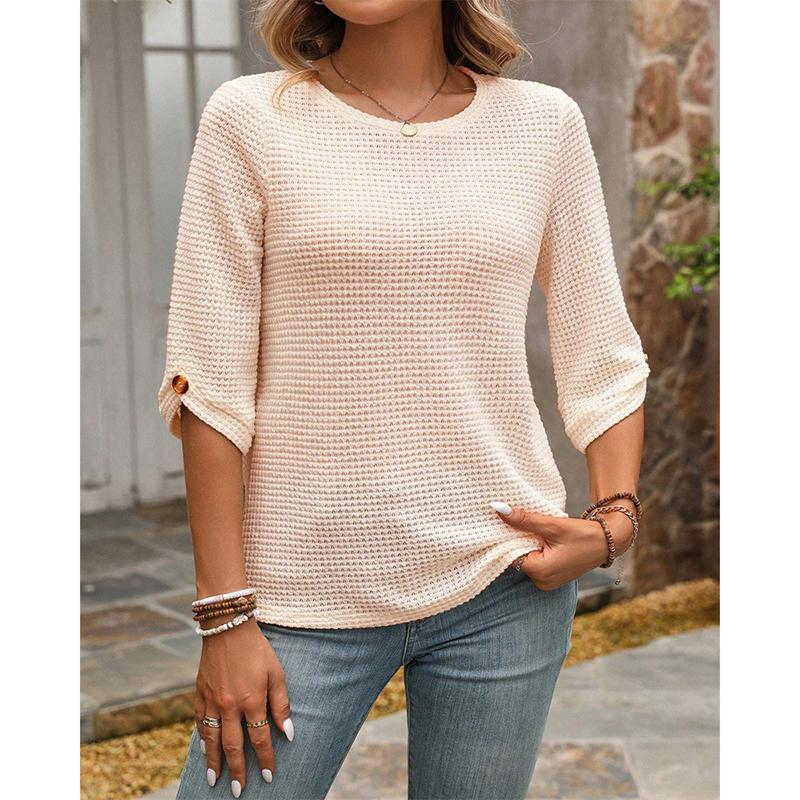 

Elegant Casual Women s T-shirt Three-Quarter Sleeve Gauze Pattern Autumn Winter New Style Button Decoration Crew Neck Top XL