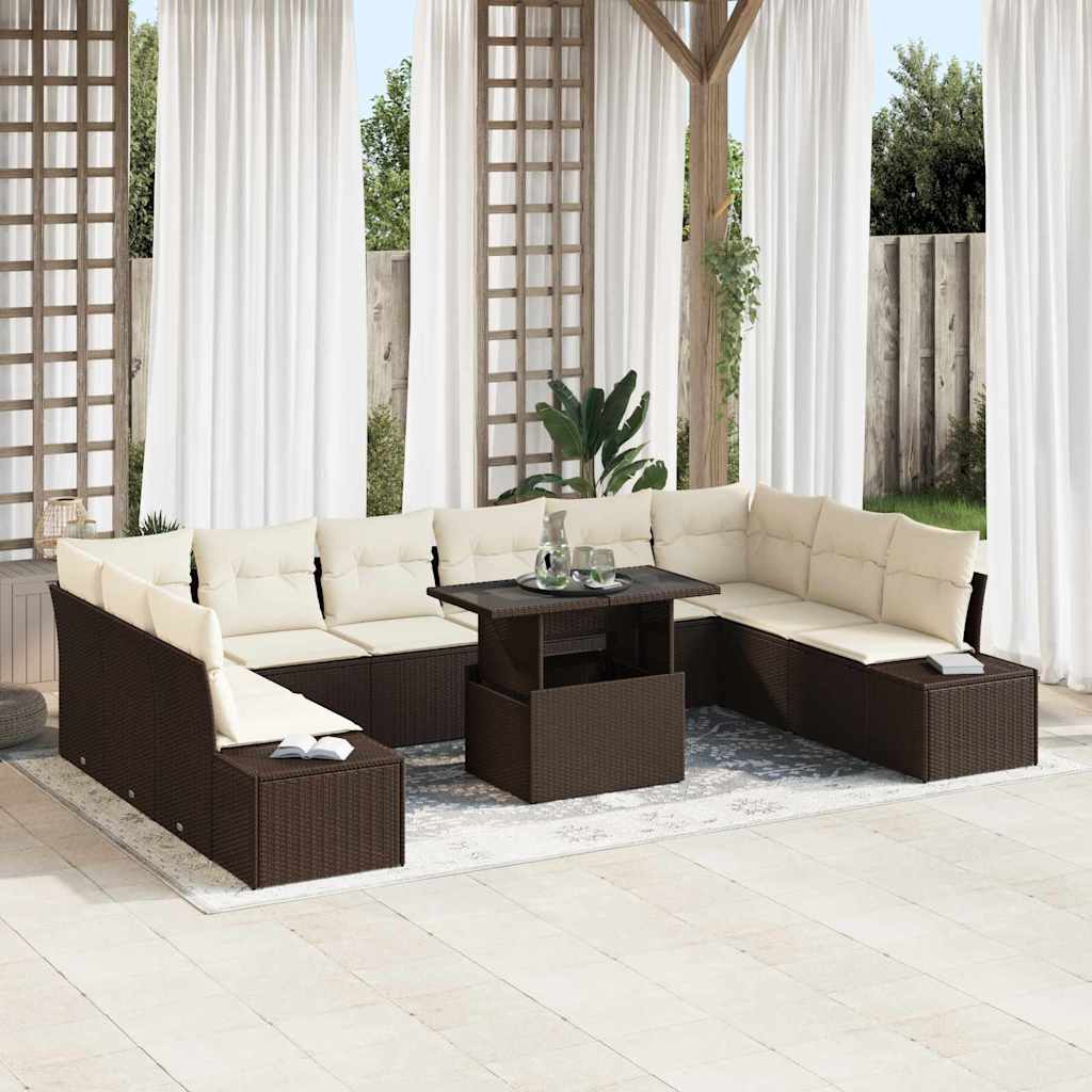 Garden Sofa Set with Storage 11 pcs Brown Poly Rattan