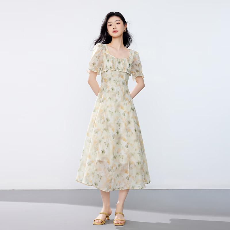 JOY SPEAKER Women's Elegant Printed Square Neck Midi Dress