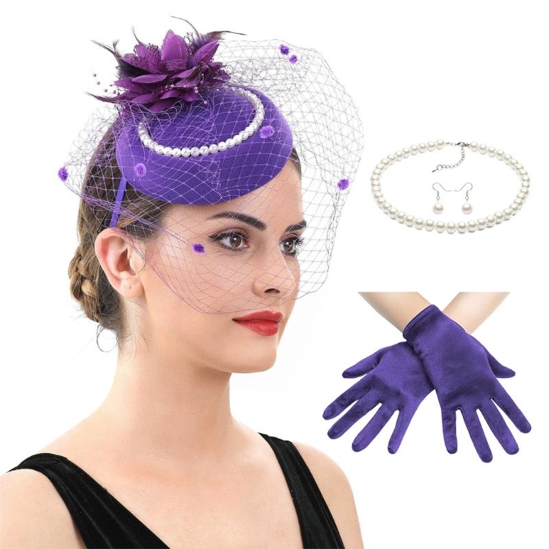 2025 Derby Hat For Women Feather Fascinator Hat and Necklace Earring Lace Short Gloves Set For Teas Party Church Wedding