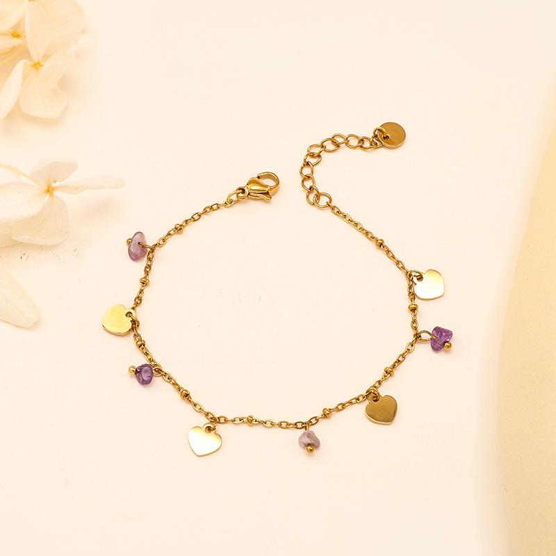 18K Gold Peach Heart Bracelet with Colorful Natural Stones - Minimalist Stainless Steel Women's Jewelry