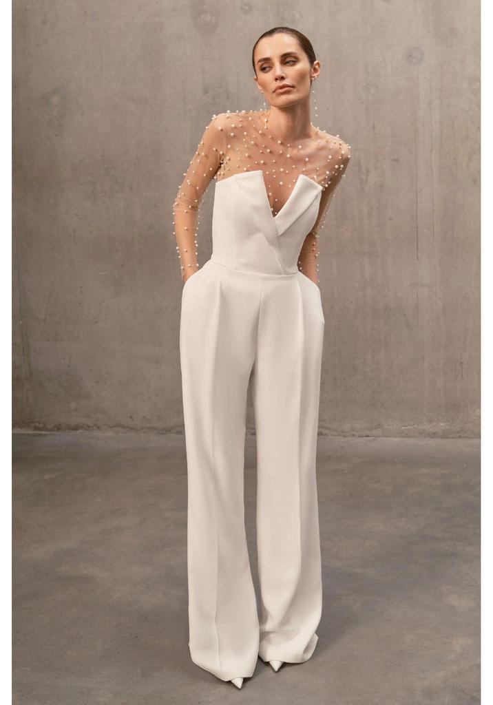 Weißer Perlenverzierte Jumpsuit Romper - Modisches Lässiges Zweiteiliges Set für Damen