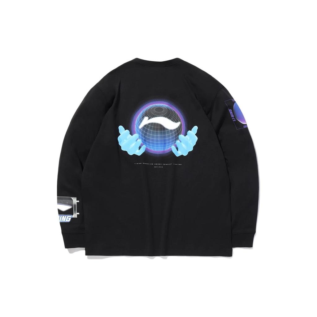 Li Ning Letter Pattern Printed Round Neck Long Sleeve T-Shirt Men Tops Black ATLQ061-1