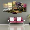 Classic Oil Painting HD Print Canvas Wall Art, 5 Panel, Seashore Cottage, Modular Picture, Modern , Living Room Decor