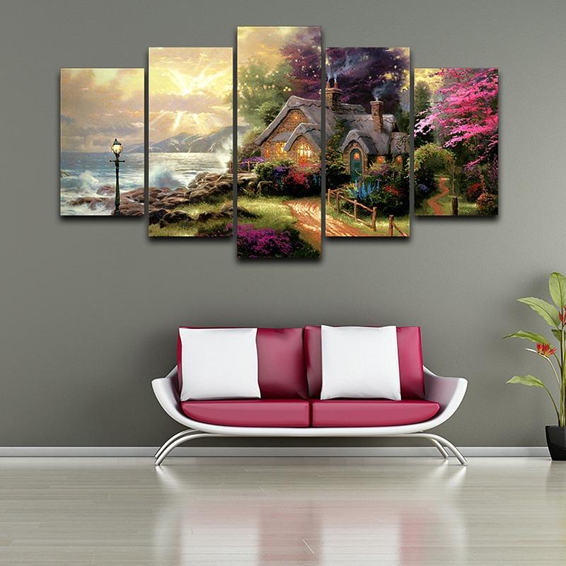 Classic Oil Painting HD Print Canvas Wall Art, 5 Panel, Seashore Cottage, Modular Picture, Modern , Living Room Decor