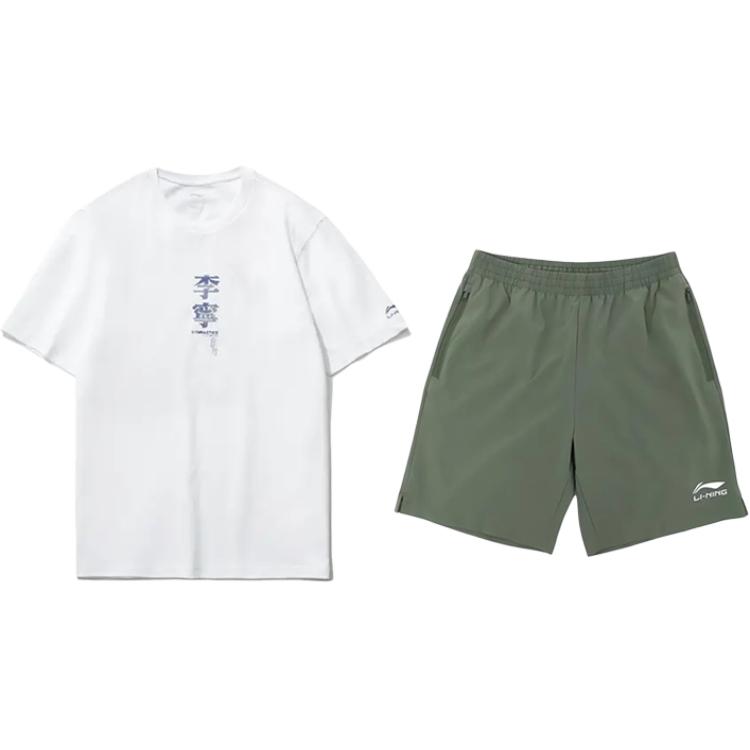 Li-Ning Floral Letter Print Fashion Trend Round Neck Pullover Short Sleeve High Waist Tied Shorts Casual Sports Suit Unisex Suit AHSU971-2+YKSV147-1