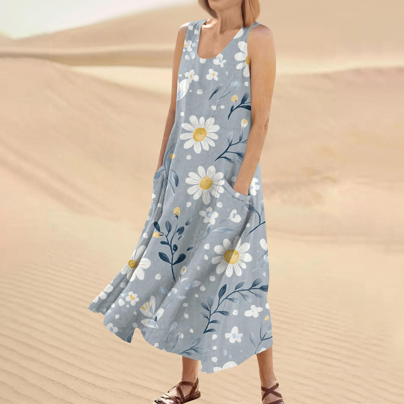 

Женское модное повседневное однотонное хлопковое льняное платье без рукавов с карманами M