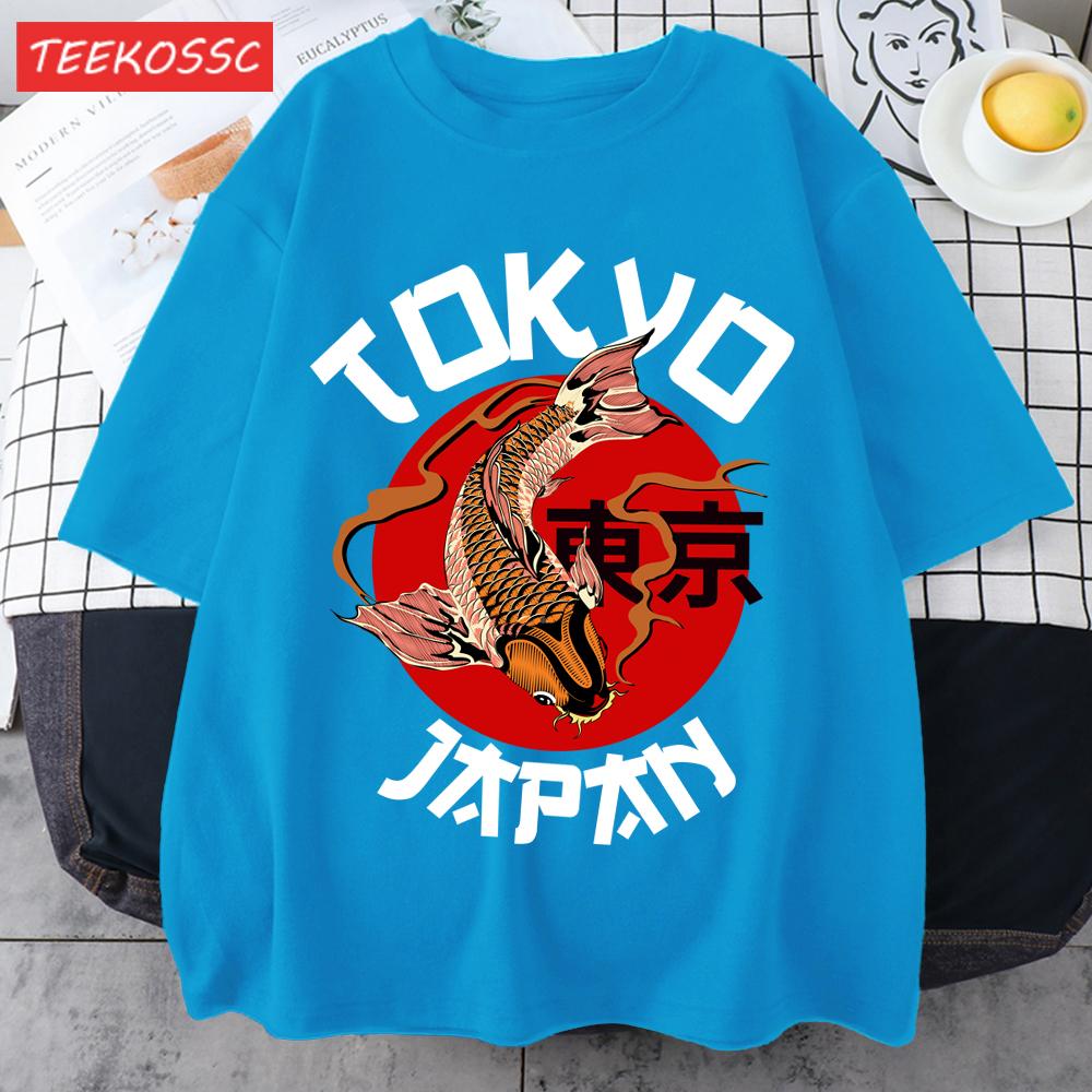 Harajuku Tokyo Japan Koi Fish Print Men T Shirts Hip Hop ONeck TShirt Soft Cotton Male Sportswear Casual Comfortable Clothes