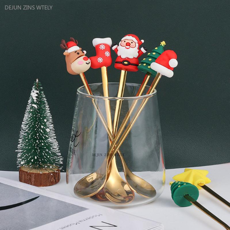 Christmas Dinnerware Set Golden Stainless Steel Spoon and Fork Set Cute Children's Gifts Rice Spoon Fruit Fork Table Accessories