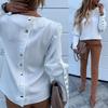 Fashion Office Lady Metal Button Back Long Sleeve Puff Shoulder Blouse Shirt Top