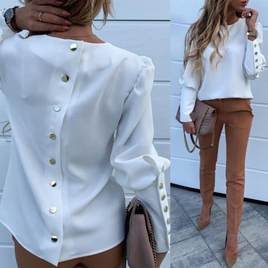 Fashion Office Lady Metal Button Back Long Sleeve Puff Shoulder Blouse Shirt Top