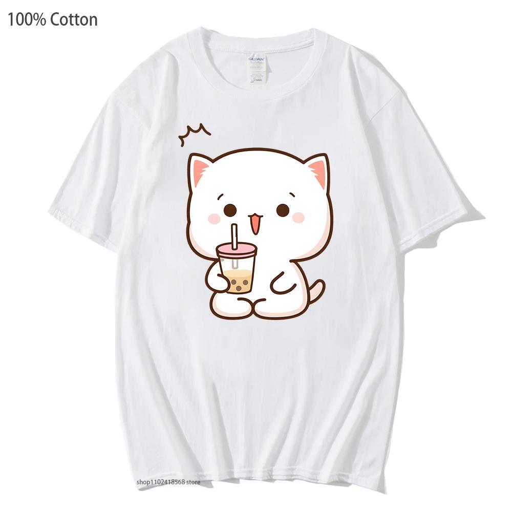 Camisetas Estampadas Gato Pêssego Femininas Mochi Bebida Chá de Bolhas Camiseta Desenho Animado Kawaii Tops para Meninas 100% Algodão Camisetas Roupas Gráficas Fofas