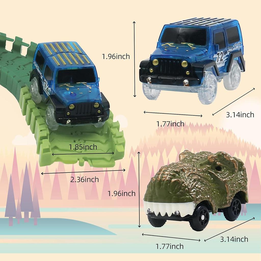 Dinosaur World Race Track Toys - 216pcs Flexible Track Playset with 1 Dinosaur Car, 1 Race Car, 6 Dino Toys, for Kids 3 4 5 6 Year & Up Old (Boys and