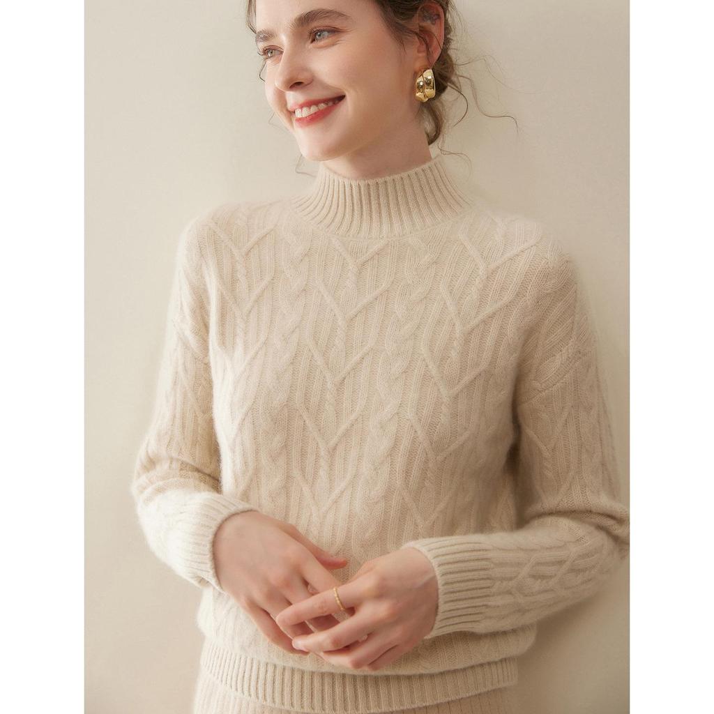 Women's Thickened Half-High Neck Cable Knit Cashmere Sweater - Soft, Versatile Autumn/Winter Pullover