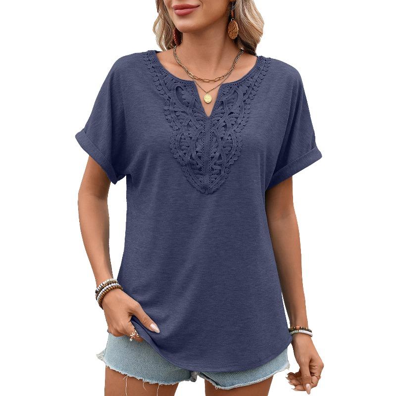 Spring and Summer New Style Solid-color V-neck Lace Loose Short-Sleeved T-shirt for Women
