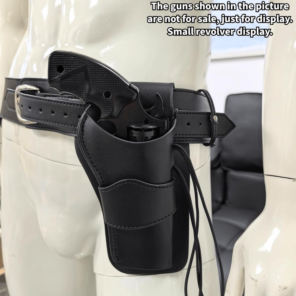Western Style Revolver Holster Retro Cowhide Look PU Leather Waist Gun Holder for Cowboy Costume Reenactment Prop Display Only