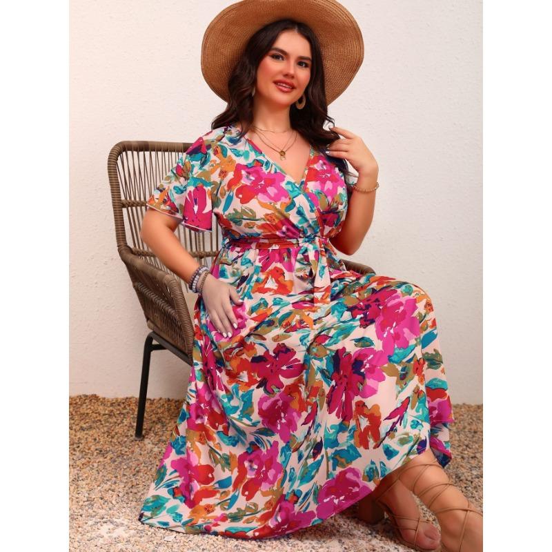 Waist-slimming Lace-up A-line Floral Dress