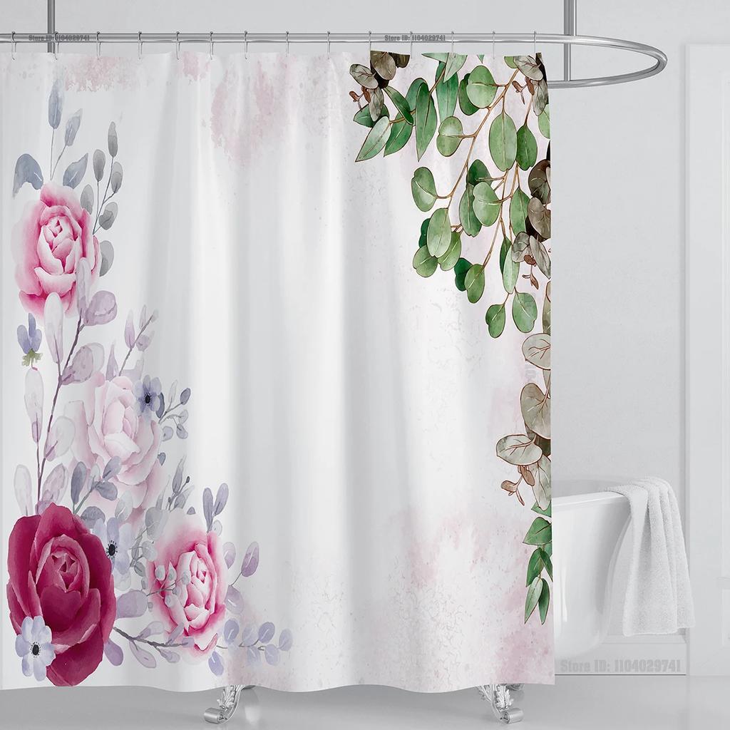 Watercolor Leaves On The Top Plant With Floral Bathroom Greenery Leaf Decoration Watercolor Botanical Shower Curtain With Hooks