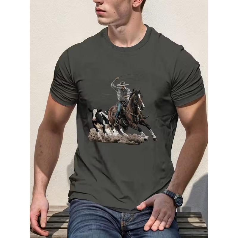 New Men's T-shirts Clothing Fashion Cowboy Printed Short Sleeve T-shirts Tops Summer Breathable Crew Neck T Shirt For Men