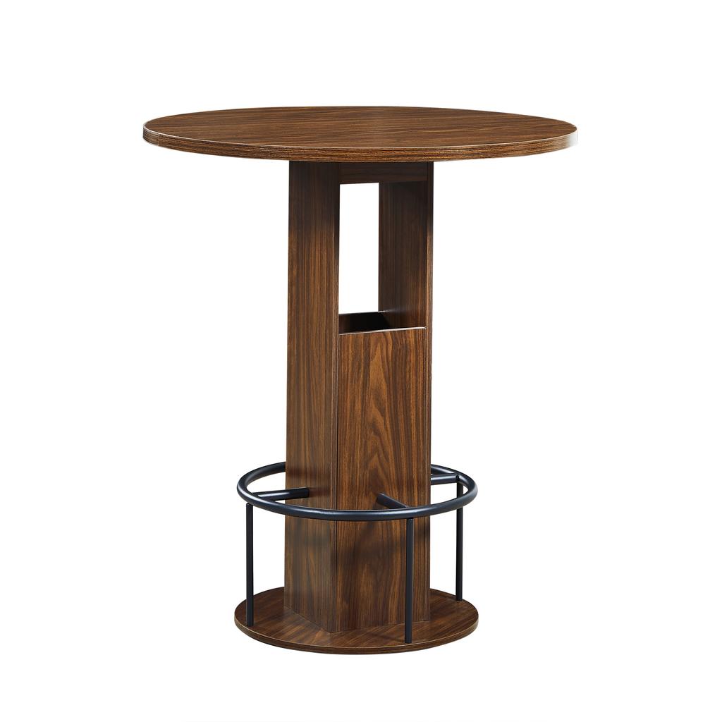 Juego de Mesa y Taburetes de Barra de 3 Piezas, Mesa Redonda de 31.5 Pulgadas con Dos Taburetes, Mesa de Comedor de Madera con Reposapiés Metálico en Forma de Anillo, Nogal