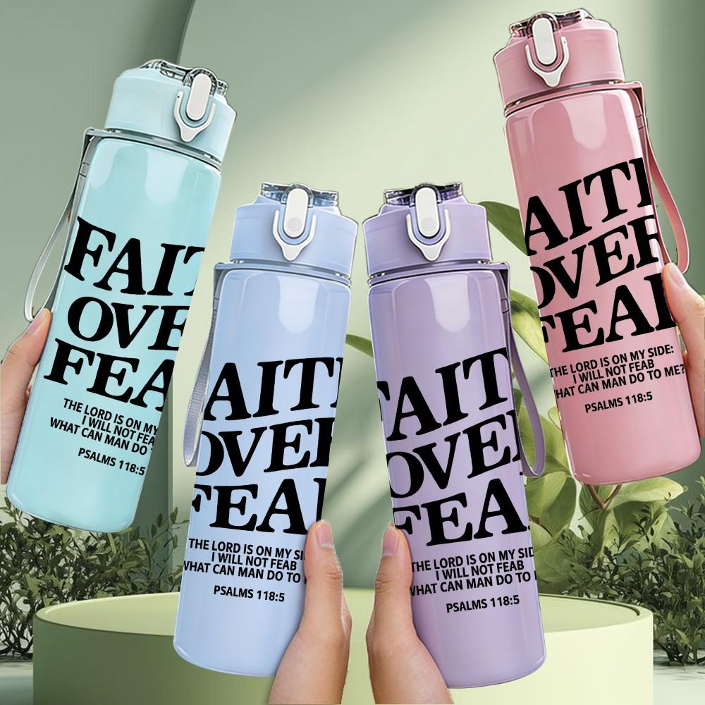 1PC Faith Over Fear Quote Slogan Print 750ml Color Plastic Sports Water Bottle Leakproof Flip Straw Lid Suitable for Sports Office Home Use