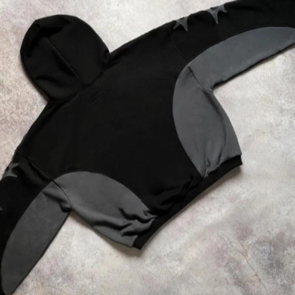 RogueWave Fashion Streetwear Vintage Black Star Patchwork Hoodie Oversized Embroidered Pullover Sweatshirt Gothic Y2k Men Women Clothing