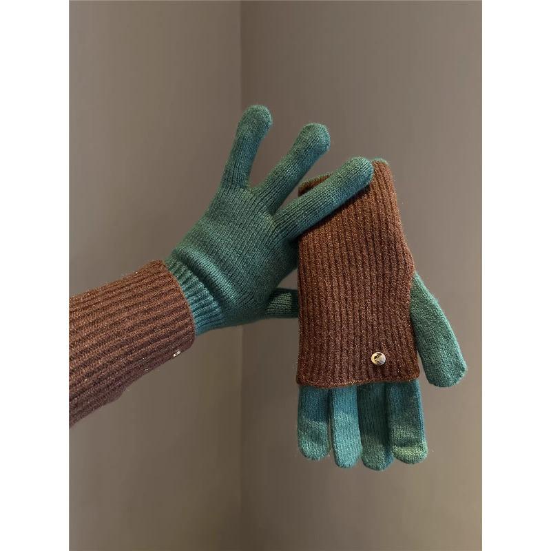Maillard Winter Dual Use Color Blocked Knitted Wool Gloves for Women's Wool Fingerless Touch Screen Warm Cycling Students