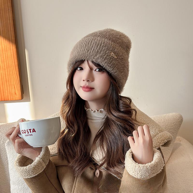 Autumn and Winter Hats for Women Plush New Korean Knitted Hats Versatile Warm Ear Protection Thickened Fashionable Wool Cold Hat