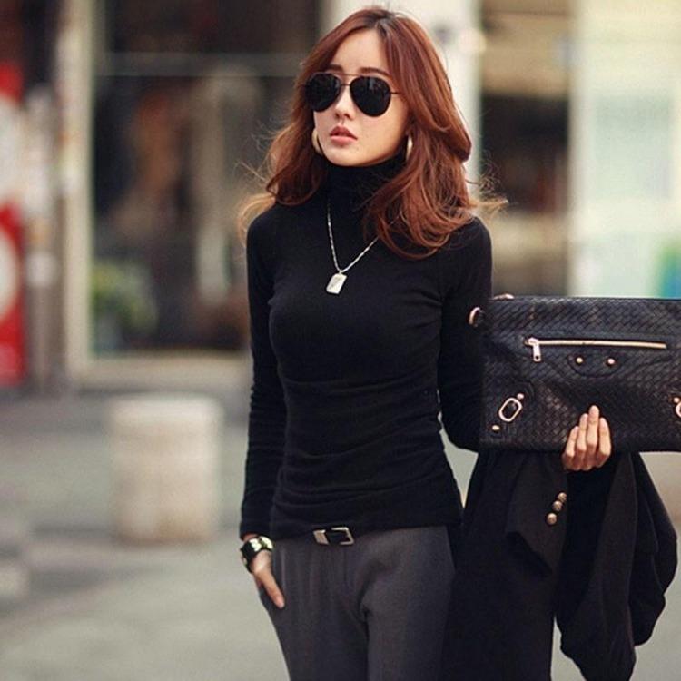 Women Stretch Cotton Turtleneck Long Sleeve Blouse Base Tops