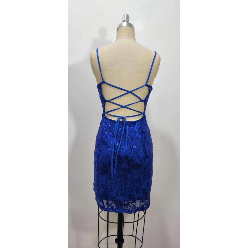 Damen Sexy Pailletten Spaghettiträger Bodycon Slim Fit Mini Abendkleid