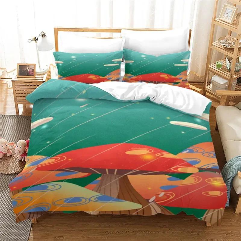 Pilz Bettbezug Bunt Niedlich Cartoon Bettwäsche Set Einzelbett Doppelbett King für Teenager Jungen Mädchen Kinder Kawaii Botanische Pflanze Steppdeckenbezug