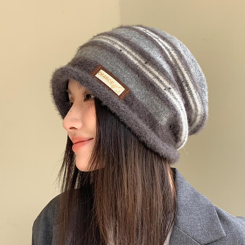 

Корейская полосатая теплая шапка из флиса, новинка осени и зимы, ветрозащитная шапка с добавлением бархата, женская повседневная шапка от холода, шапка из шерсти с большим козырьком One Size