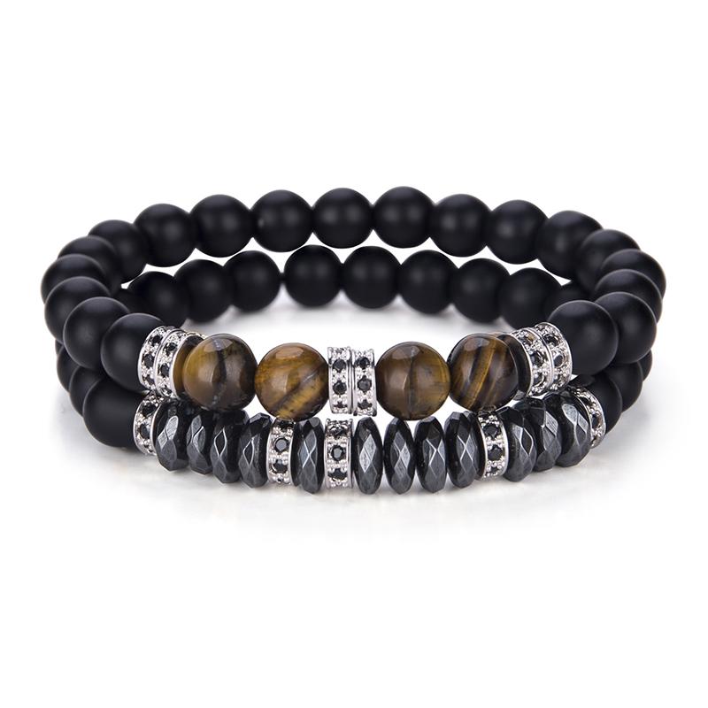 

Luxury 2Pcs/Set Men Zircon Bracelet Black Onyx Stone Beads Braslet Natural Hematite Tiger Eyes Braclet Armband Herren Pulseria