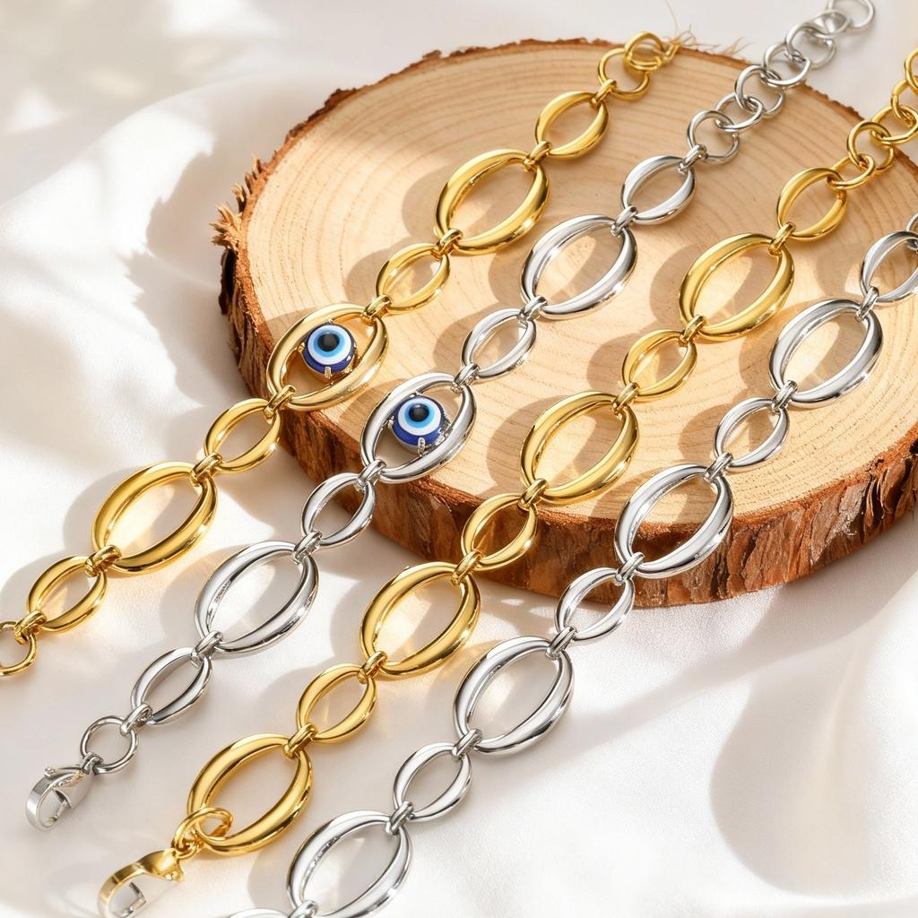 Distinctive Elliptical Devil's Eye Bracelet for Women,Stainless Steel Hand-made Chain Bracelets,Minimalist Lucky Jewelry Gift
