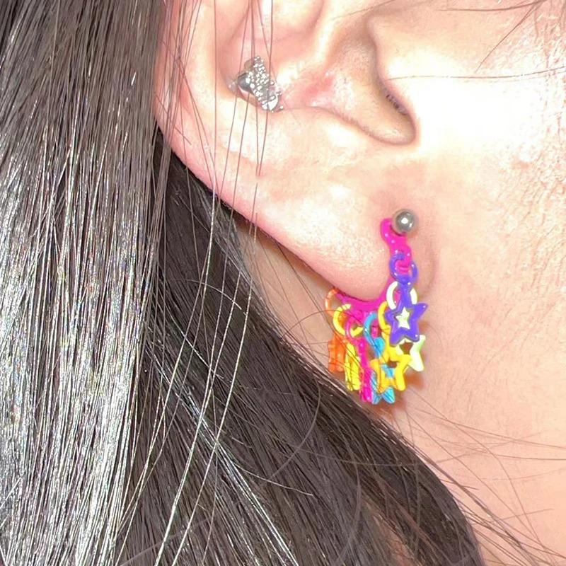Punk Dopamine Shiny Star Tassel Colored Ear Bone Studs for Women Creative Allergy Prevention Earrings Jewelry Gifts