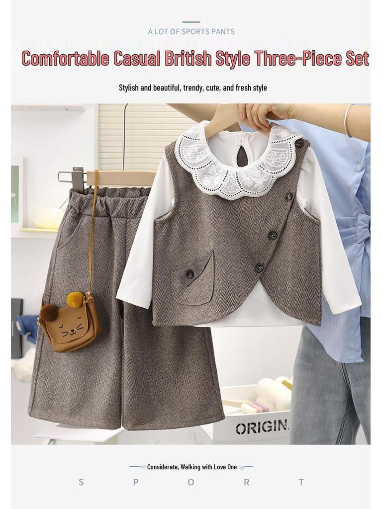 Girl's Korean Chic Tweed Vest Three-Piece Set for Spring/Autumn 2026