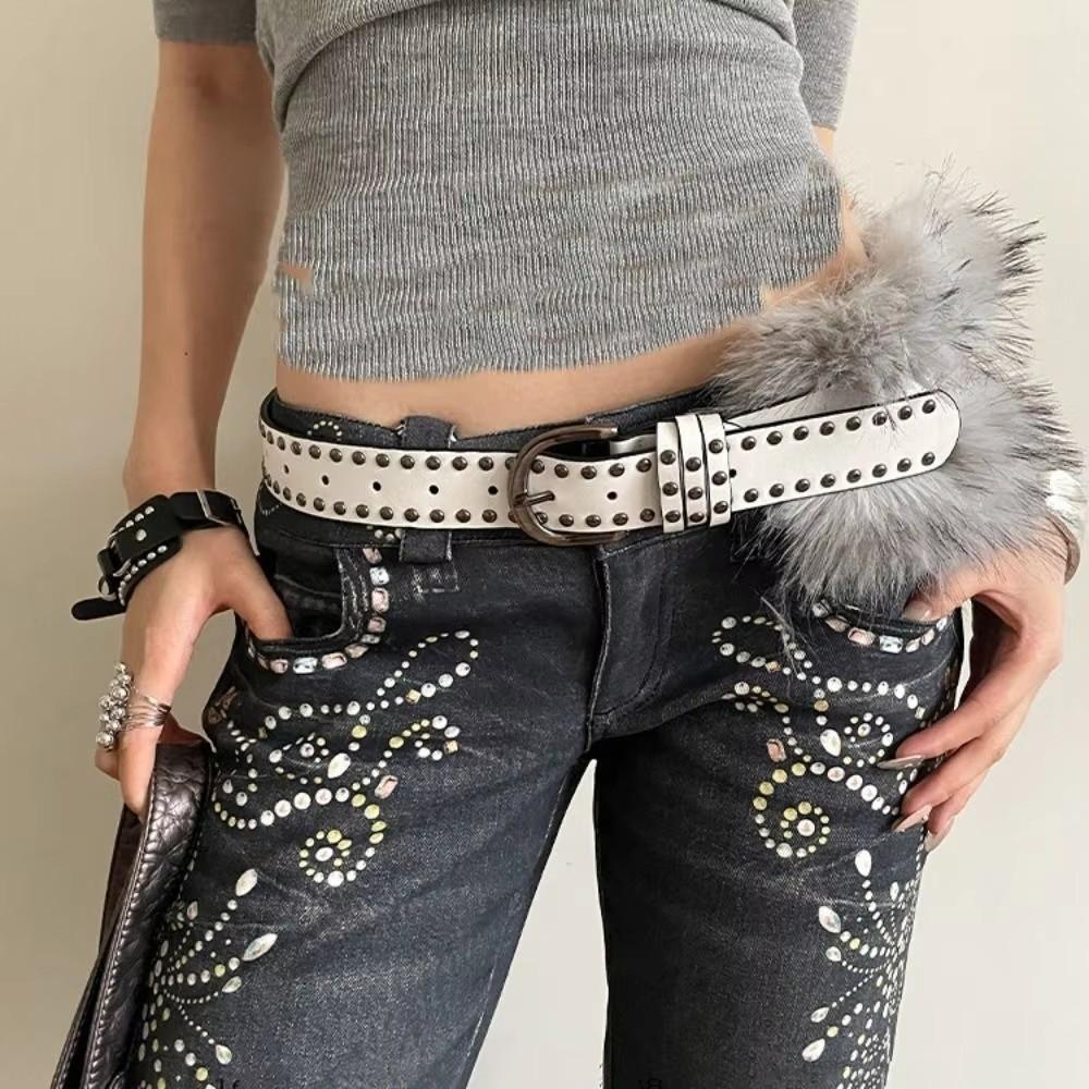 Fashion Y2K Waist Belts Rivet Decoration Adjustable Furry Waistband Leather Belt