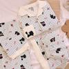 Little Black Cat Bow Cloud Cotton Pajamas Women'S Summer Short-Sleeved Three-Piece Set Cute Plaid Loungewear
