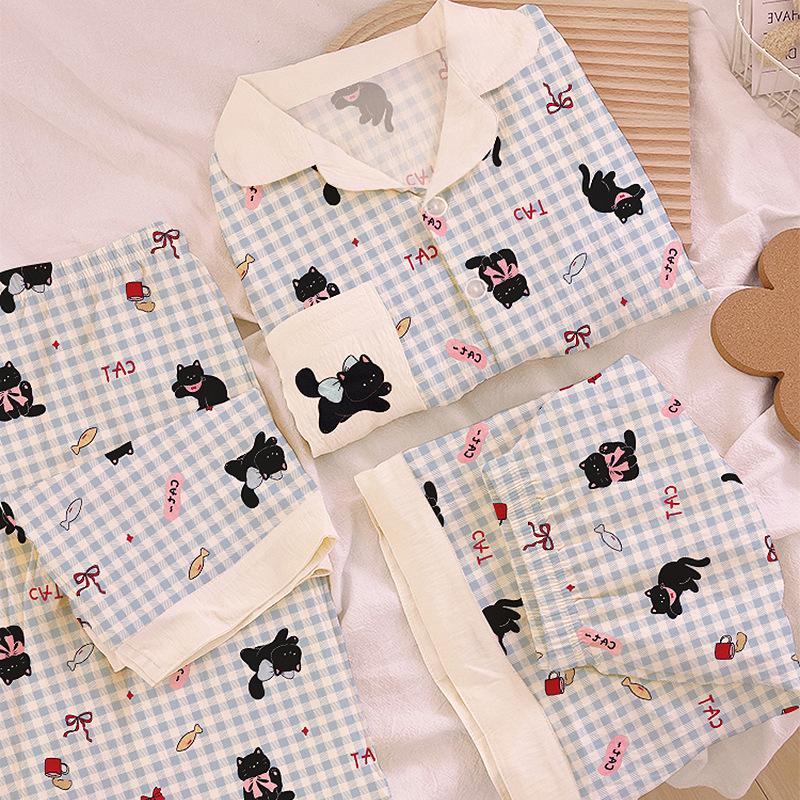 Little Black Cat Bow Cloud Cotton Pajamas Women'S Summer Short-Sleeved Three-Piece Set Cute Plaid Loungewear