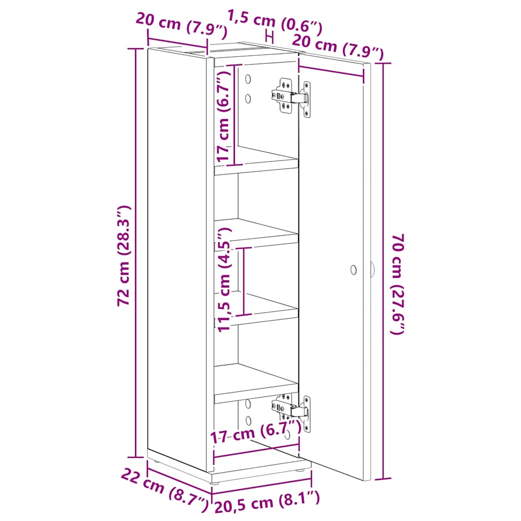 Bathroom Cabinet with Toilet Paper Holder Smoked Oak Finish 20.5 X 22 X 72 Cm
