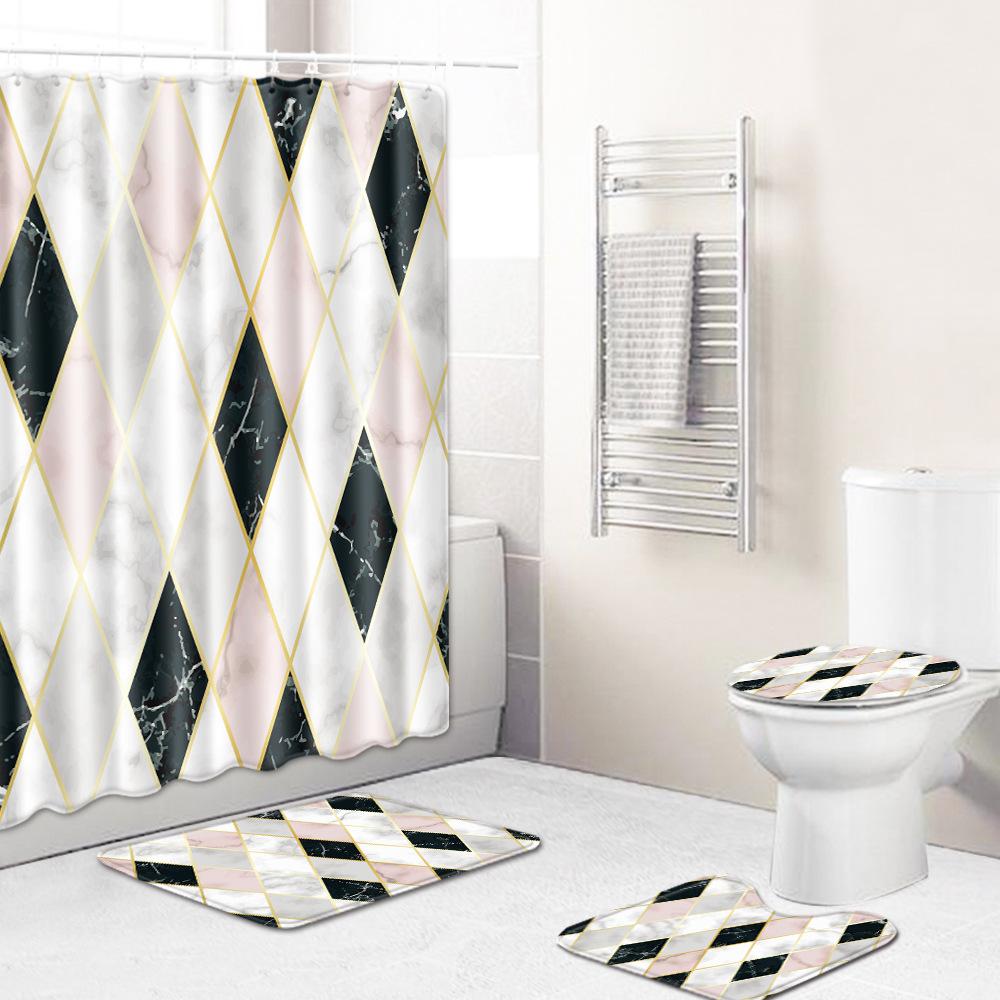 Retro Geometric Bathroom Four-Piece Waterproof Shower Curtain Bedroom Non-Slip Carpet Floor Mat Door Mat