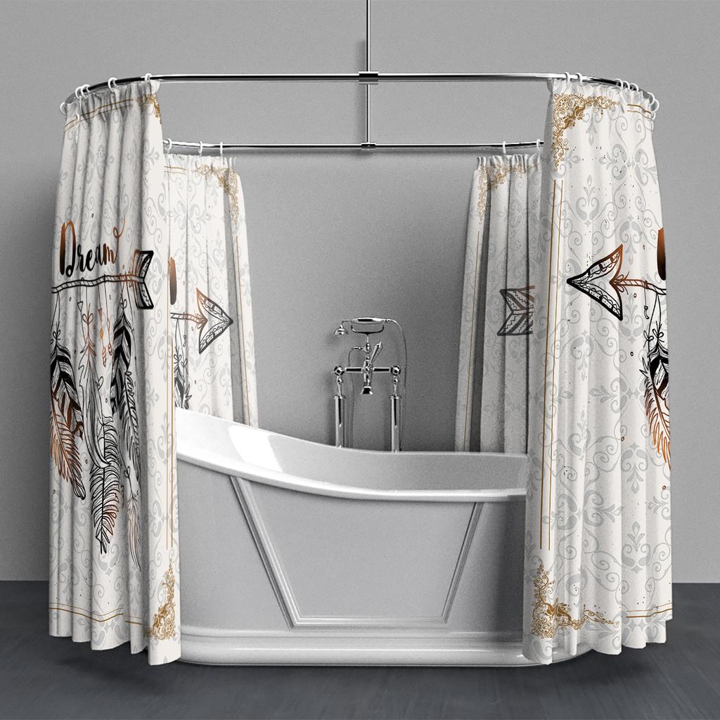 180x180cm bathroom waterproof polyester shower curtain, mold resistant, perforated with hooks, beige surface, retro print