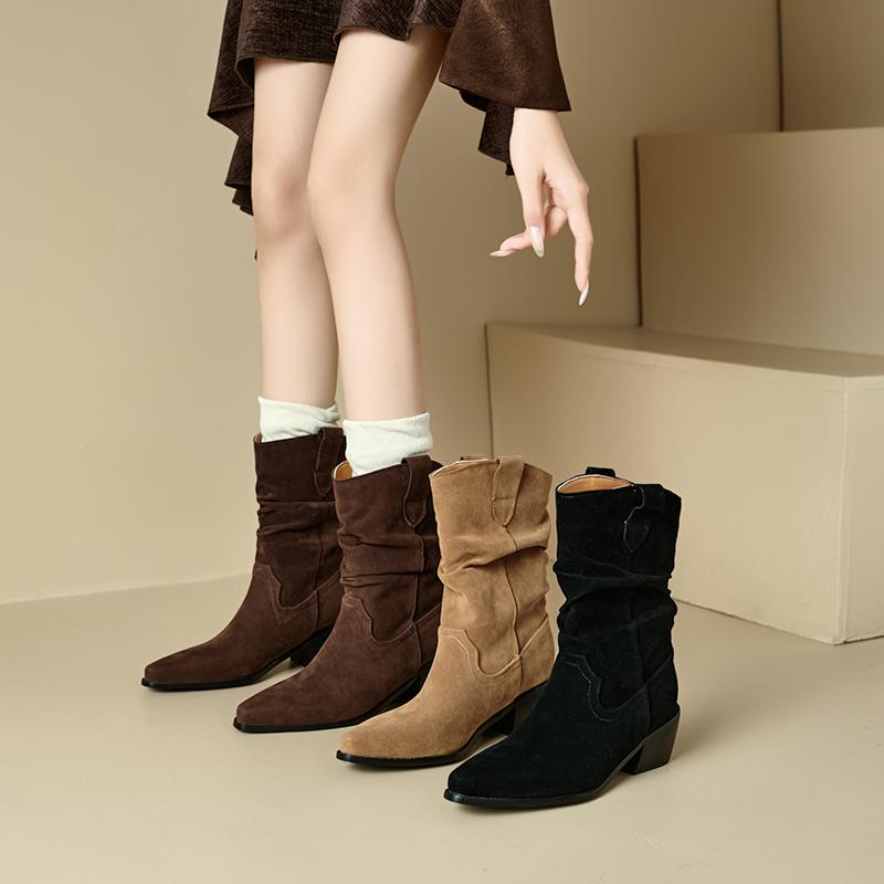Women's High-heeled Short Boots Autumn and Winter New Suede Large-size Casual Roman Boots