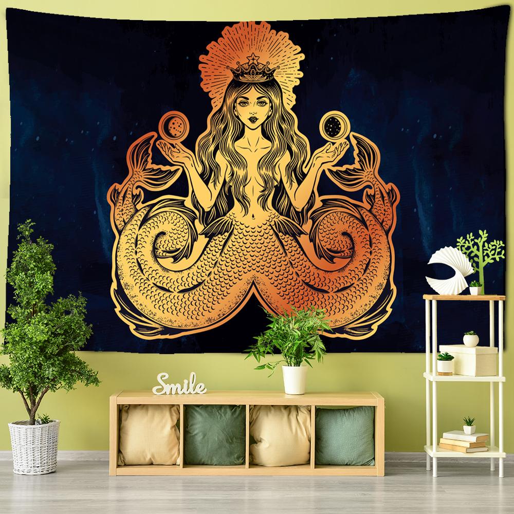 Tapiserie de sirenă cu coadă dublă, agățată pe perete, yoga indiană, coroană de aur, hippie, soare, lună, decor boem pentru dormitor