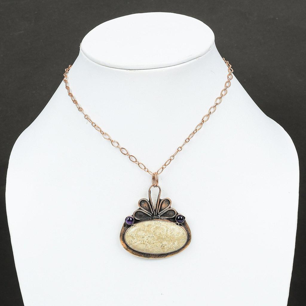 Fossil Coral Pendant African Amethyst Pendant Copper Pendant Excellent Quality Gemstone Pendant Copper Jewelry Handmade Modern Style Pendant