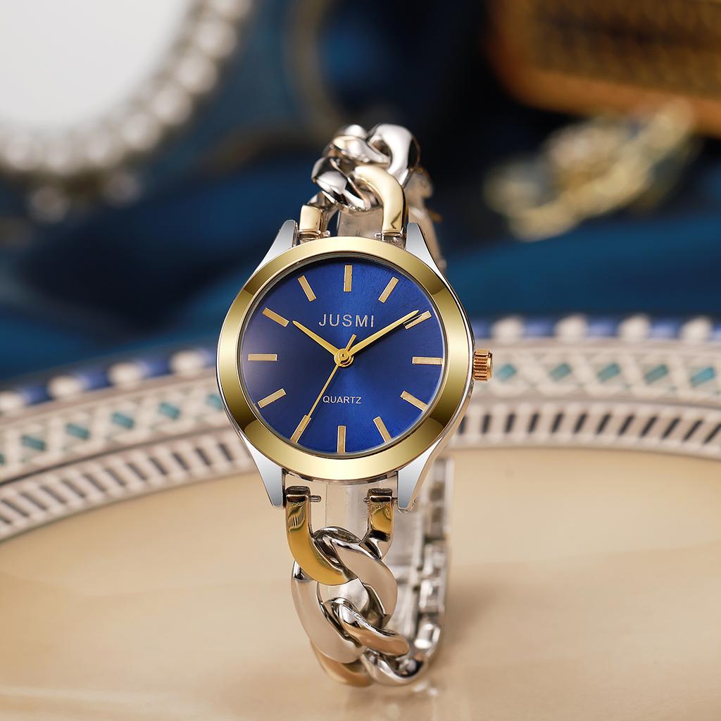 Damen modische hochwertige Balkenwaage rundes Zifferblatt Schnalle Stahlband Quarz Uhr.