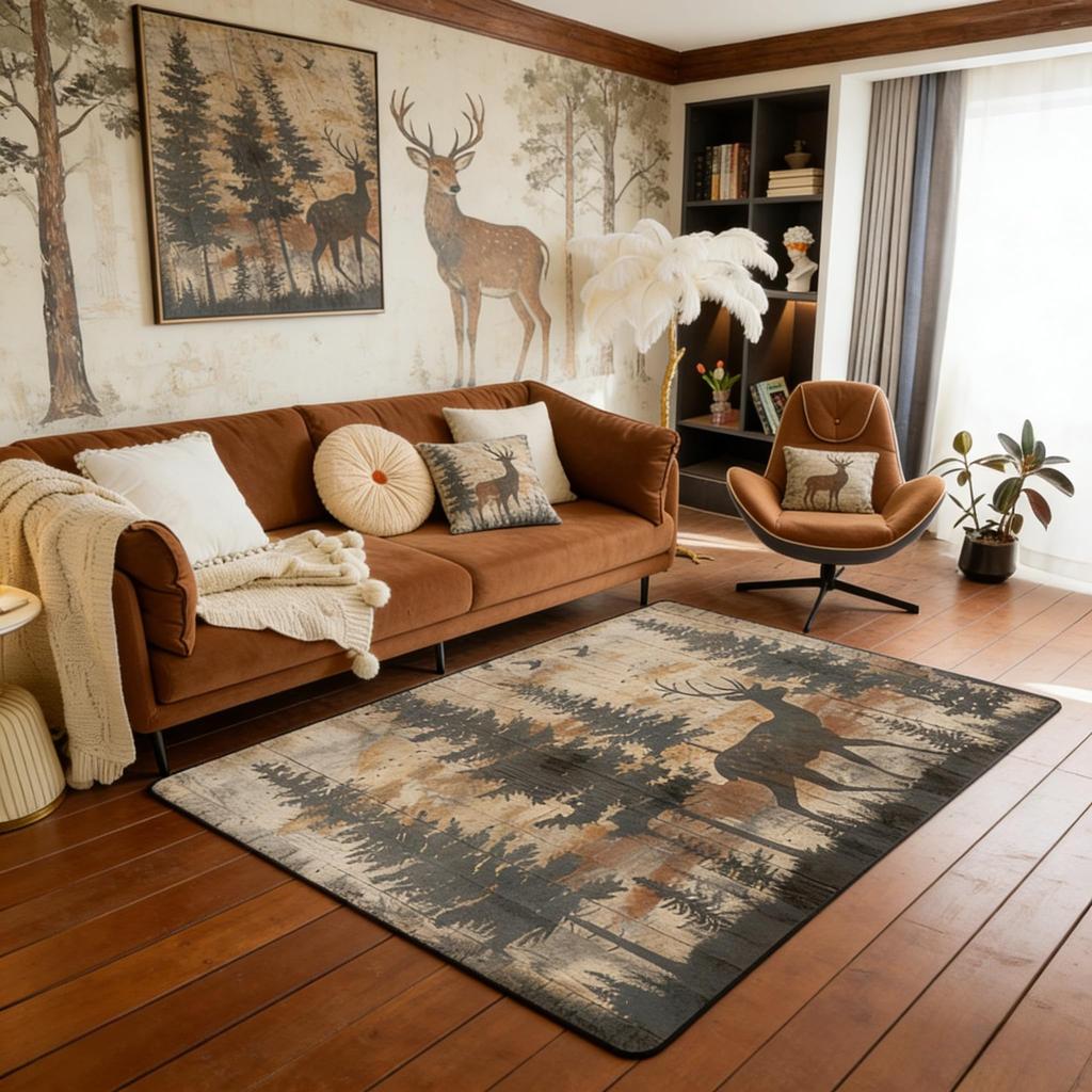 Erosebridal Farmhouse Deer Area Rug 5x7 for Living Room Camo Woodland Hunting Rugs for Bedroom Rustic Cabin Carpet Non Slip Wildlife Animal