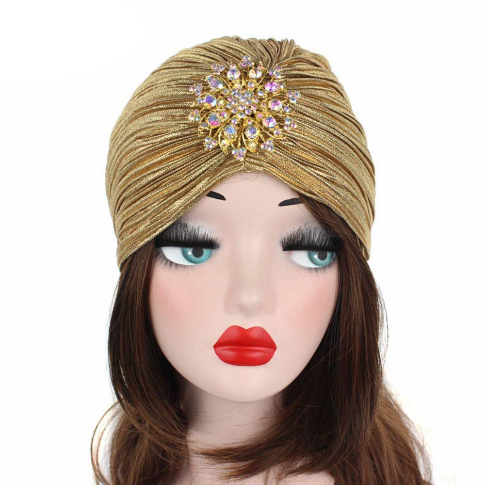 Women Chemo Bandana Hijab Fashion Pleated Indian Cap New Diamond Jewel Turban Hats